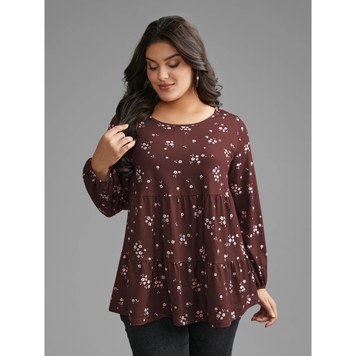 Plus Size Ditsy Floral Gathered Ruffle Hem T-shirt Burgundy Women Casual Gathered Natural Flowers Round Neck Loose Everyday T-shirts BloomChic 14-16/1X Product Image