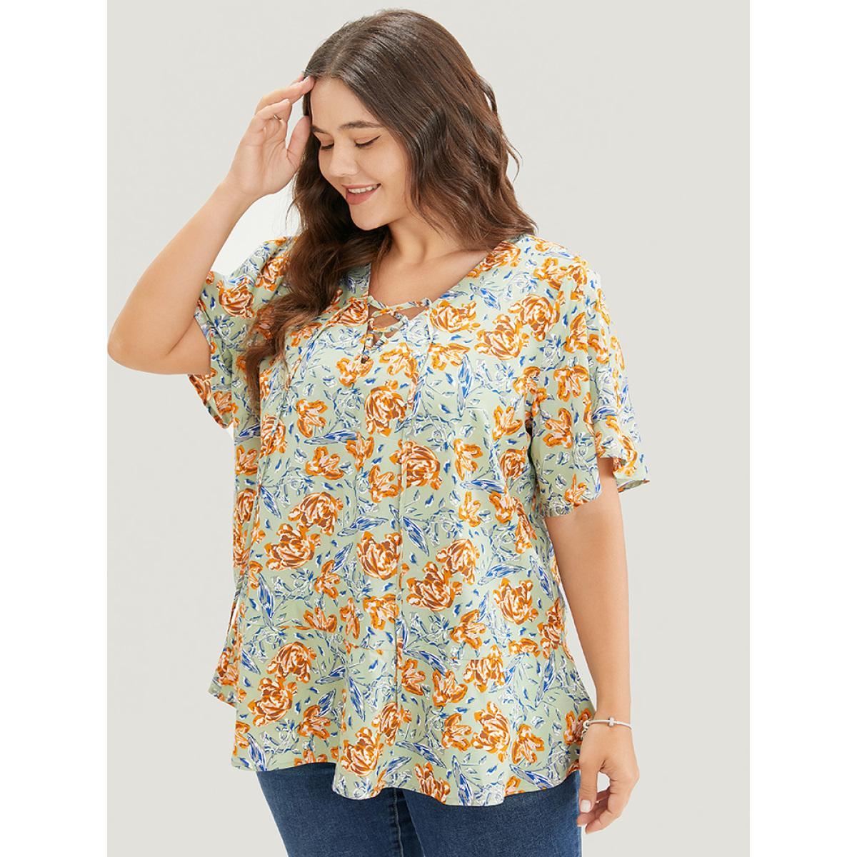 Plus Size Mint Floral Ruffle Sleeve Lace Up V Neck Blouse Women Elegant Short sleeve V-neck Dailywear Blouses BloomChic 10/M Product Image