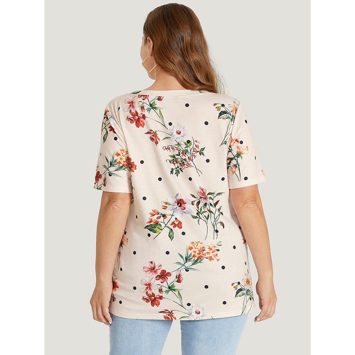 Plus Size Floral & Polka Dot Round Neck T-shirt Beige Women Elegant Floral Round Neck Dailywear T-shirts BloomChic 14-16/1X Product Image
