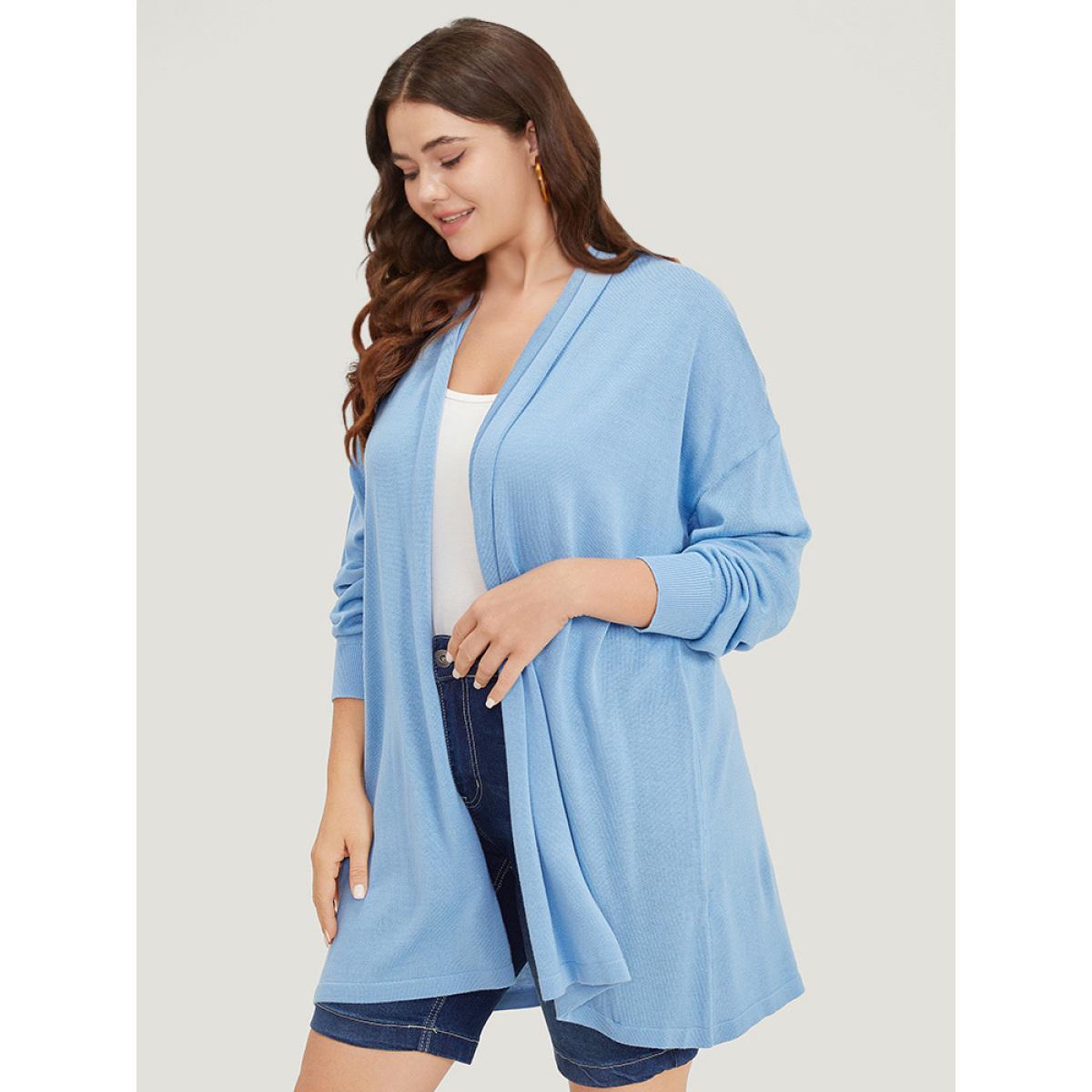 Plus Size Supersoft Essentials Plain Drop Shoulder Lapel Collar Cardigan LightBlue Women Casual Loose Long Sleeve Everyday Cardigans BloomChic 22-24/3X Product Image