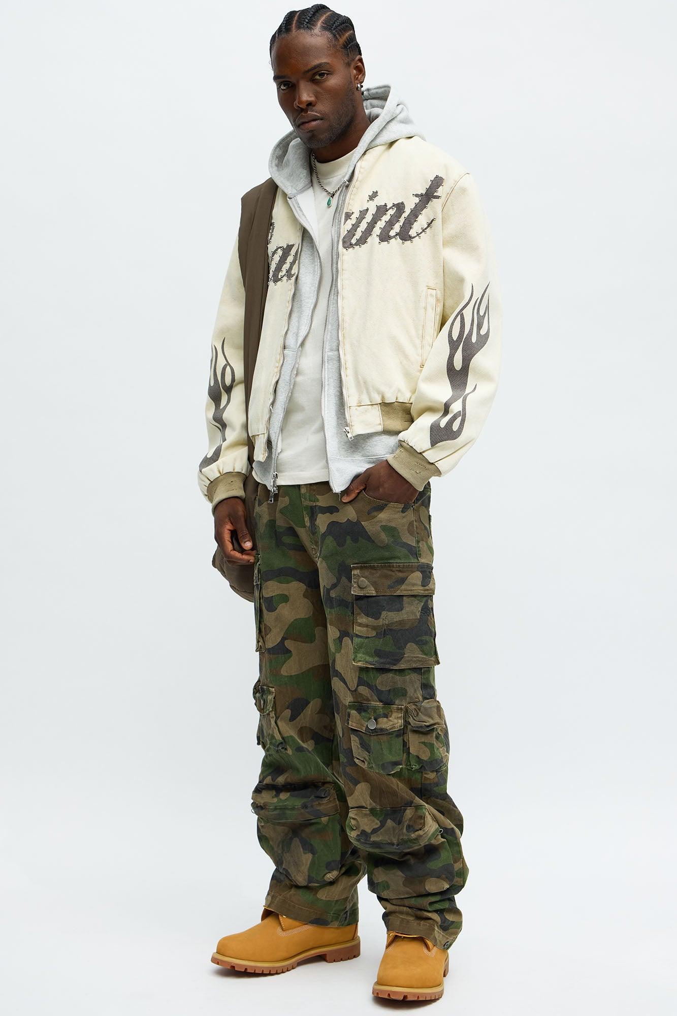 Oversized Studded Saint Utility Bomber Jacket - Stone/Combo Product Image