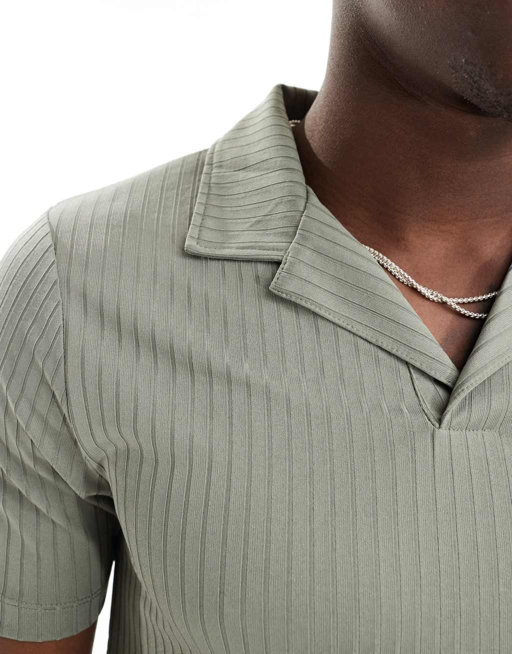 ASOS DESIGN textured ribbed polo in khaki Product Image