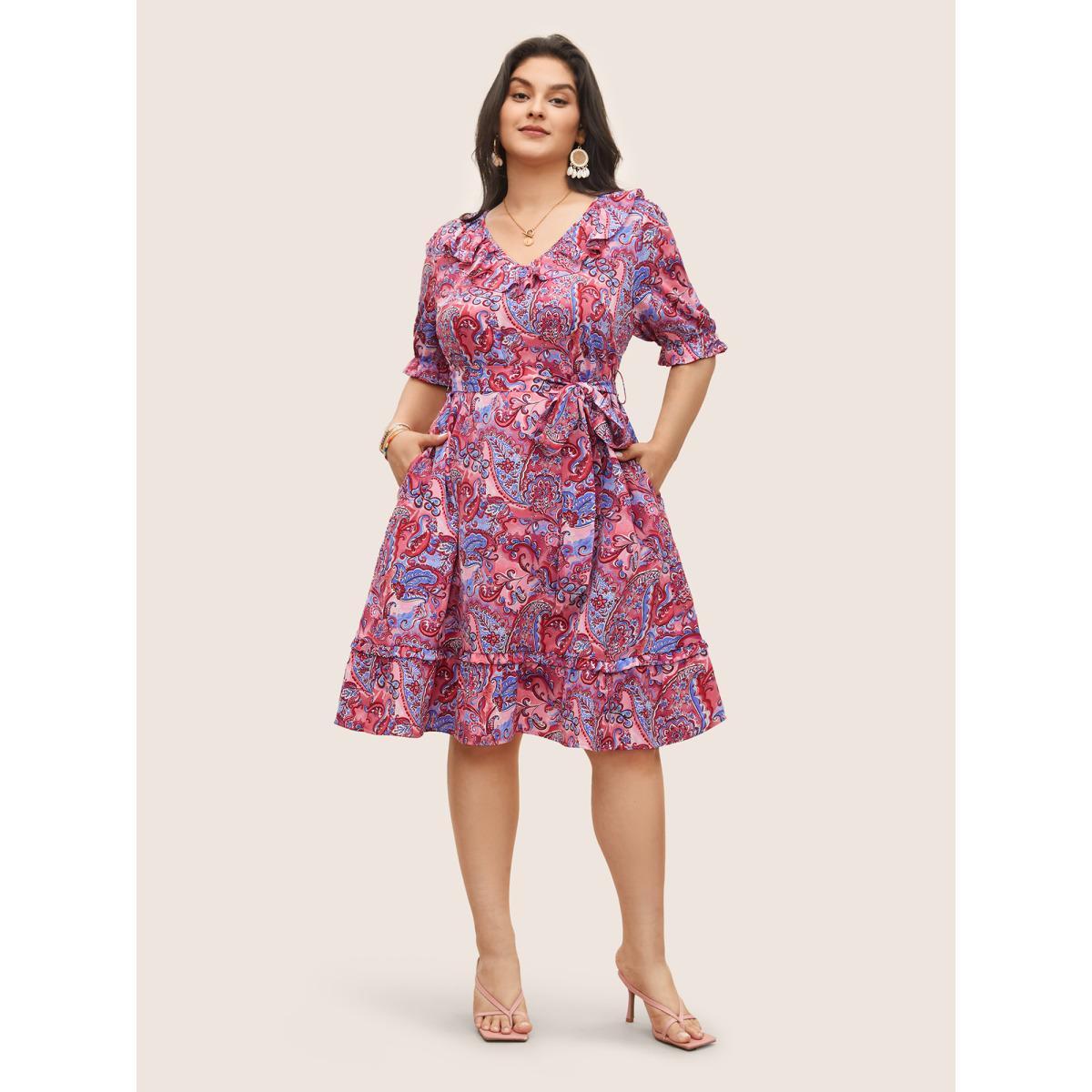 Plus Size Paisley Print Belted Ruffle Trim Dress Russet Women Resort Non V-neck Half Sleeve Curvy Midi Dress BloomChic 22-24/3X Product Image