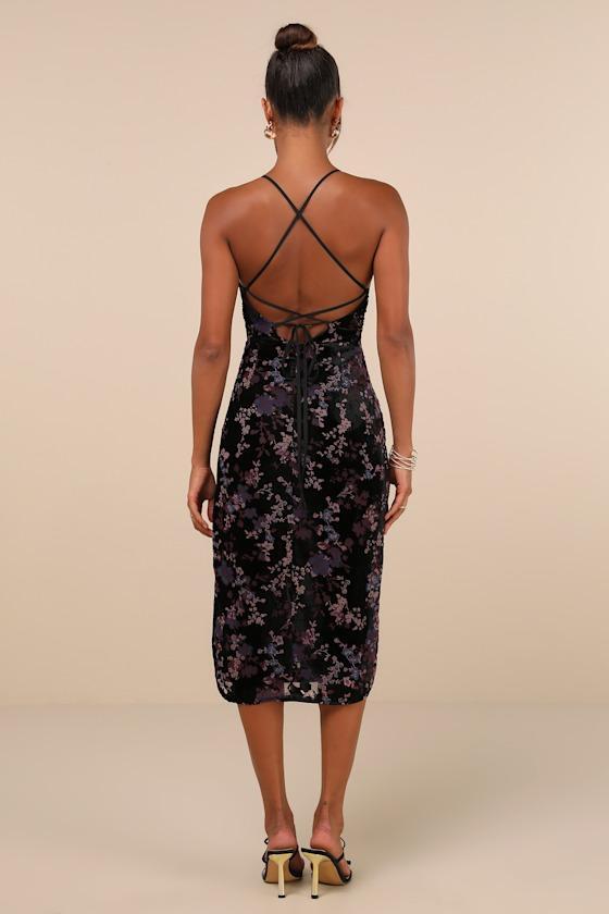 Elegant Persuasion Black Burnout Velvet Lace-Up Midi Dress Product Image