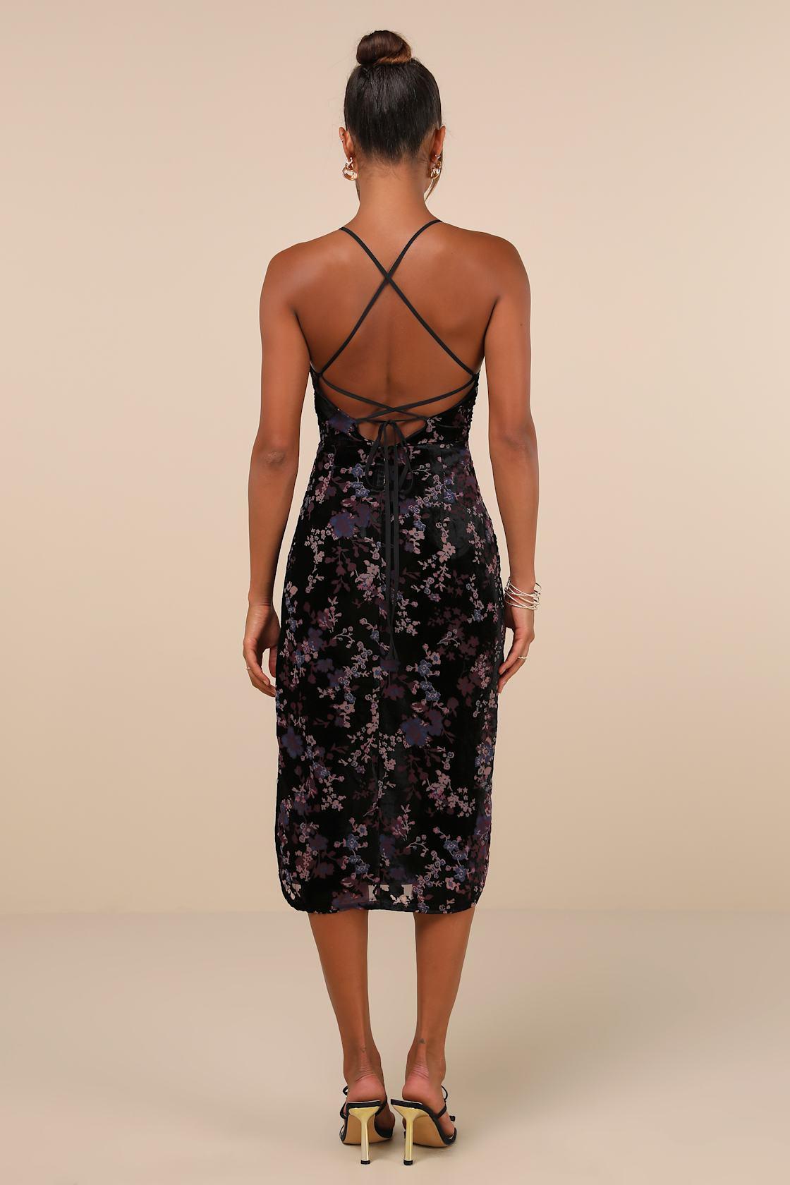 Elegant Persuasion Black Burnout Velvet Lace-Up Midi Dress Product Image