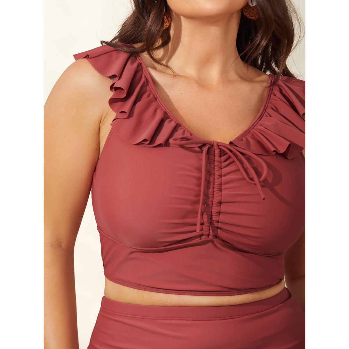 Plus Size Ruffled Drawstring Bodice Swim Top Women's Swimwear Rust Beach Drawstring High stretch Skinny V-neck Curve Swim Tops BloomChic 30/6X Product Image