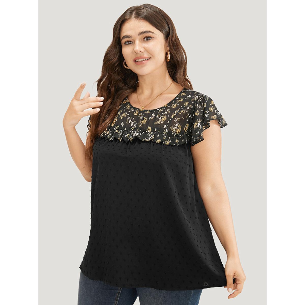 Plus Size Black Ditsy Floral Patchwork Ruffle Cap Sleeve Blouse Women Elegant Cap Sleeve Round Neck Dailywear Blouses BloomChic 18-20/2X Product Image