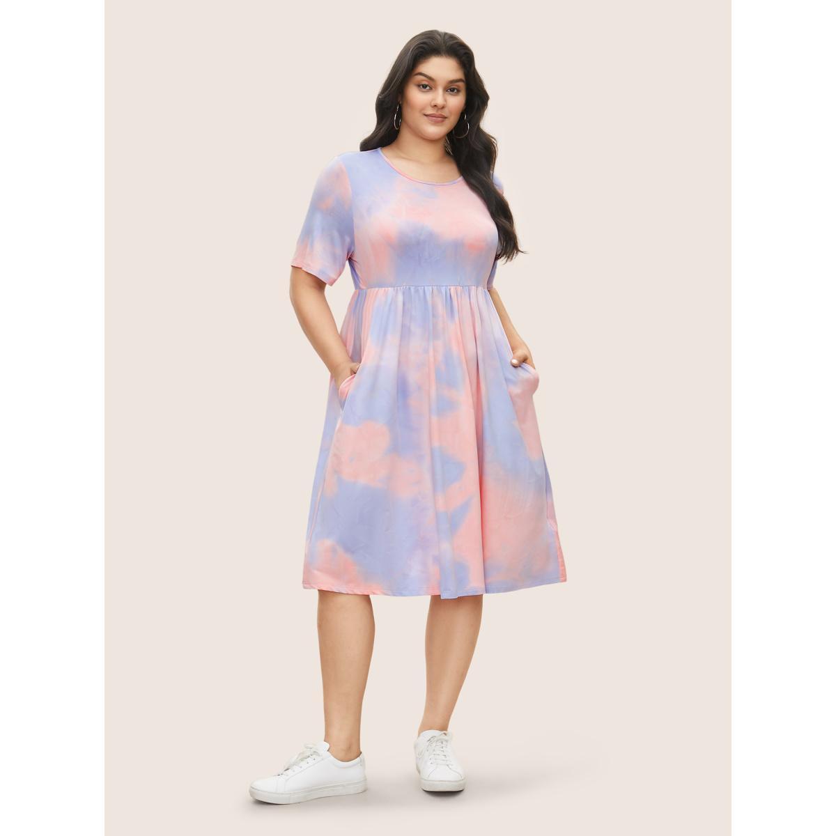 Plus Size Tie Dye Gathered Round Neck Pocket Dress Multicolor Women Casual Gathered Round Neck Short sleeve Curvy Midi Dress BloomChic 18-20/2X Product Image