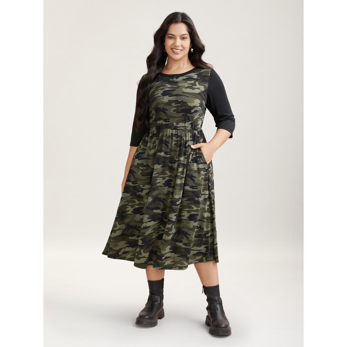 Plus Size Camouflage Print Contrast Spliced Midi Dress ArmyGreen Women Casual Patchwork Knit Dresses Bloomchic 22-24/3X Product Image
