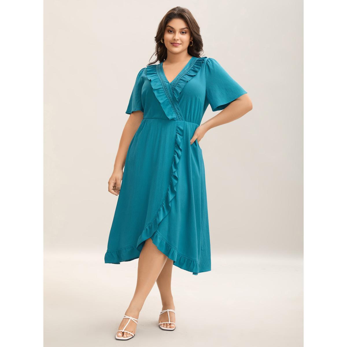 Plus Size Ruffled Lace Trim Pockets Plain Midi Dress Cerulean Women Overlap Collar Short sleeve Curvy BloomChic 22-24/3X Product Image