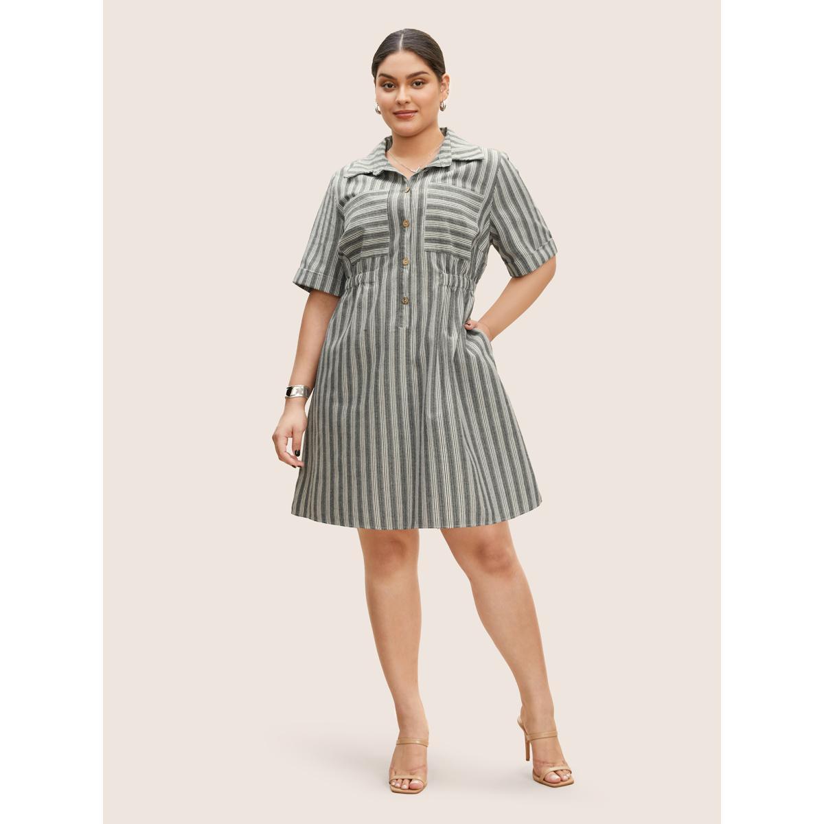 Plus Size Striped Button Up Patched Pocket Short Dress Mediumgray Women Work From Home Gathered Shirt collar Half Sleeve Curvy BloomChic 22-24/3X Product Image