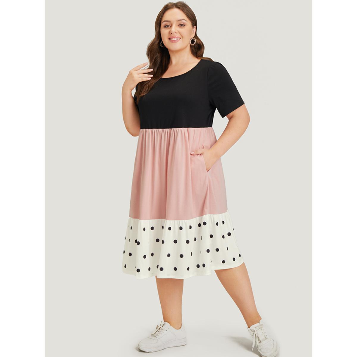 Plus Size Colorblock Contrast Pocket Ruffles Patchwork Polka Dot Dress Pink Women Casual Contrast Round Neck Short sleeve Curvy Midi Dress BloomChic 18-20/2X Product Image