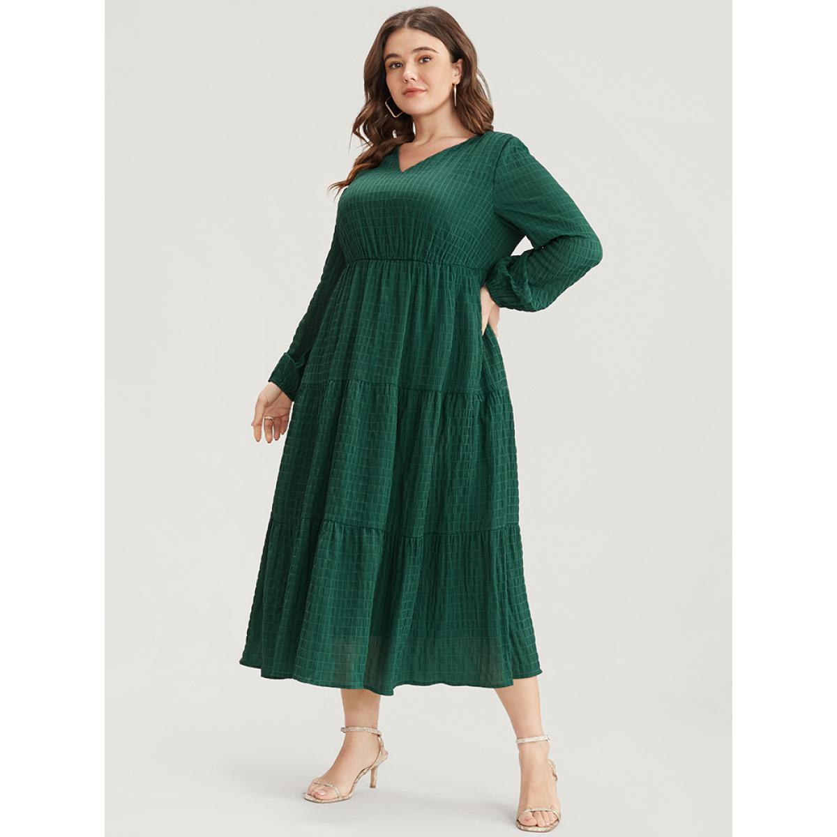 Plus Size Solid V Neck Lantern Sleeve Pocket Gingham Flutter Dress DarkGreen Women Elegant Pocket V-neck Long Sleeve Curvy Midi Dress BloomChic 12/L Product Image