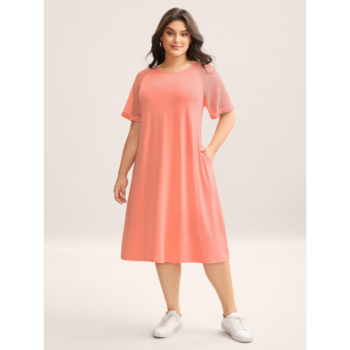 Plus Size Sheer Textured Stretchy Pockets Midi Dress Salmon Women Knit Dresses Bloomchic 18-20/2X Product Image