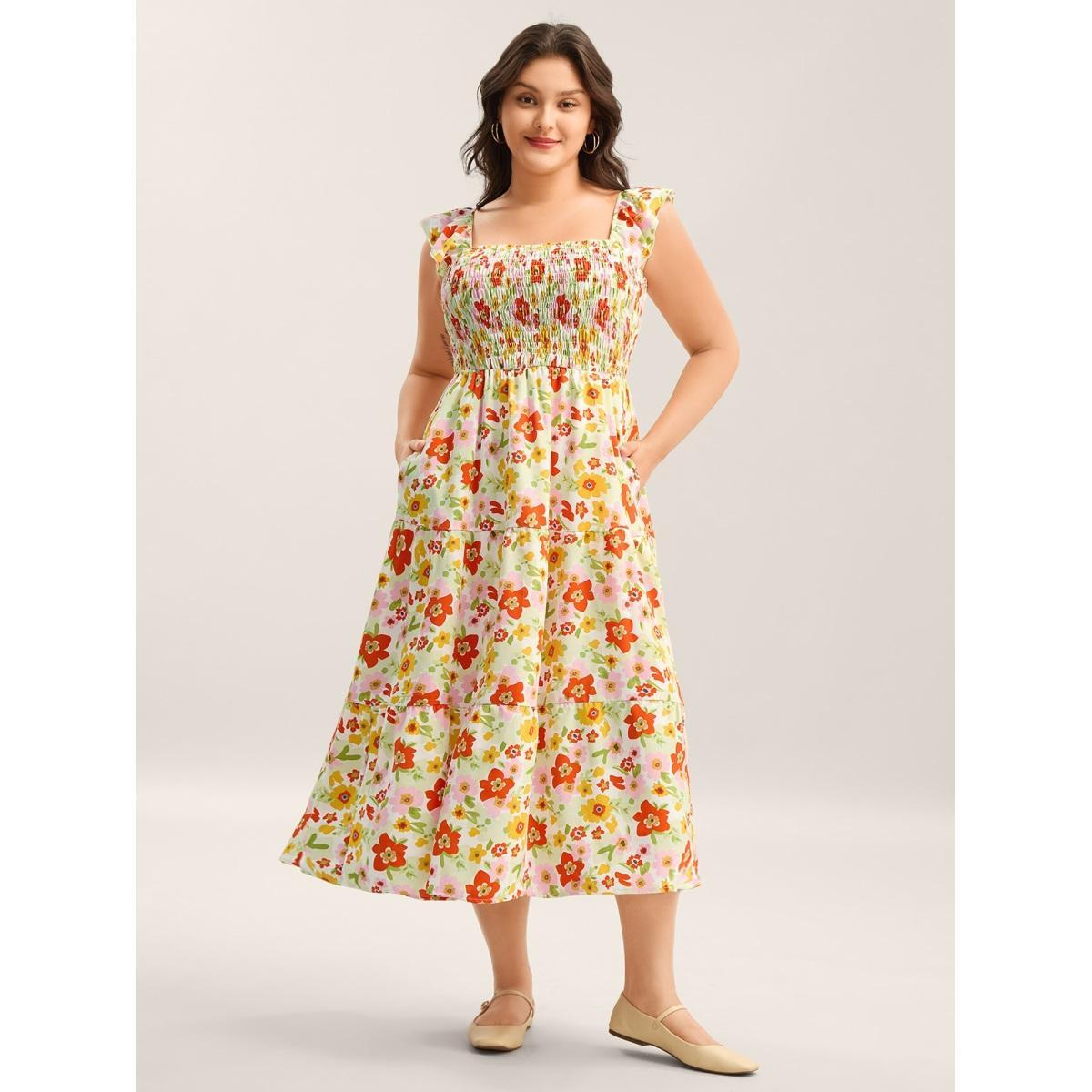 Plus Size Floral Garden Stretchy Waist Shirred Midi Dress Ivory Women Square Neck Cap Sleeve Curvy BloomChic 10/M Product Image