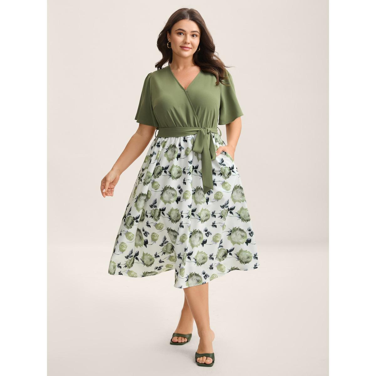 Plus Size Breezy Floral Print Belted Midi Dress Sage Women Overlap Collar Short sleeve Curvy BloomChic 12/L Product Image
