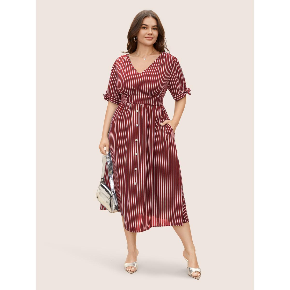 Plus Size Striped Knot Sleeve Button Detail Dress Scarlet Women At the Office Tie knot V-neck Short sleeve Curvy BloomChic 14-16/1X Product Image
