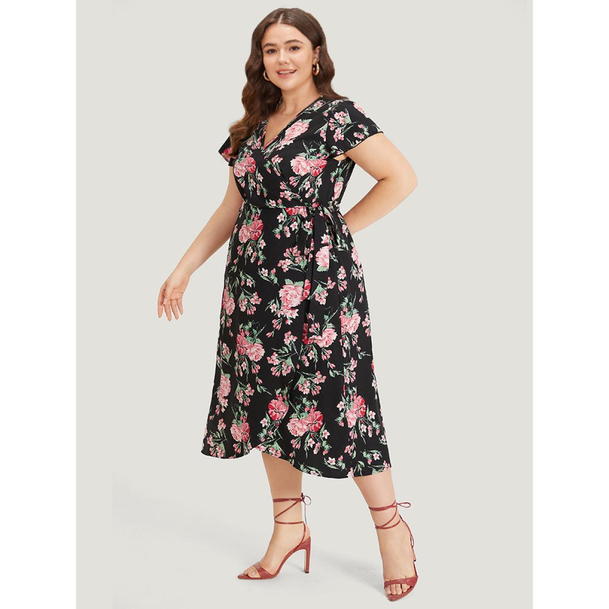 Plus Size Floral Print Wrap Pocket Knot Asymmetrical Hem Dress Black Women Elegant Wrap V-neck Short sleeve Curvy Midi Dress BloomChic 18-20/2X Product Image