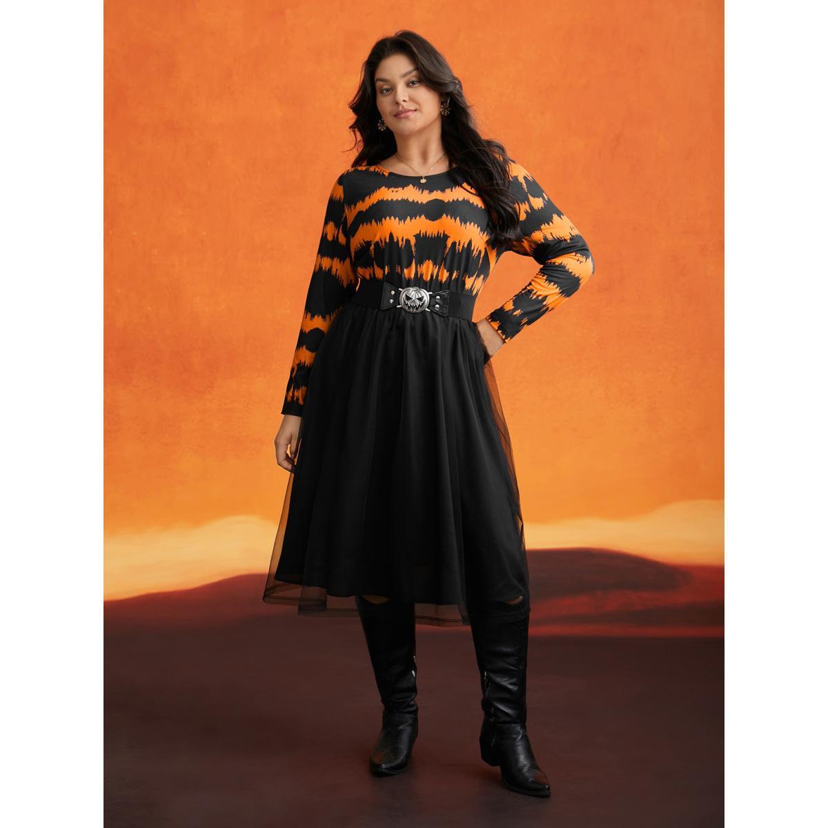 Plus Size Soft Knit And Chiffon Contrast Midi Dress Brightorange Women Cocktail Contrast Party Curvy Bloomchic 26/4X Product Image