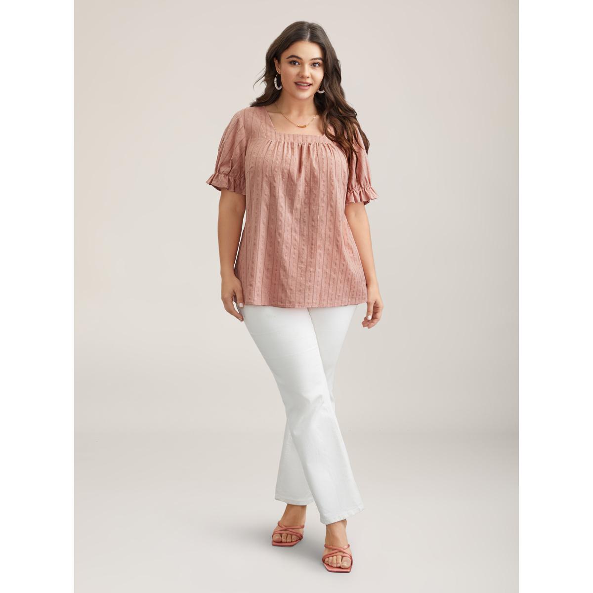 Plus Size Dirtypink Cotton Square Neck Ruffled Sleeve Shirt Women Elegant Short sleeve Square Neck Everyday Blouses BloomChic 26/4X Product Image