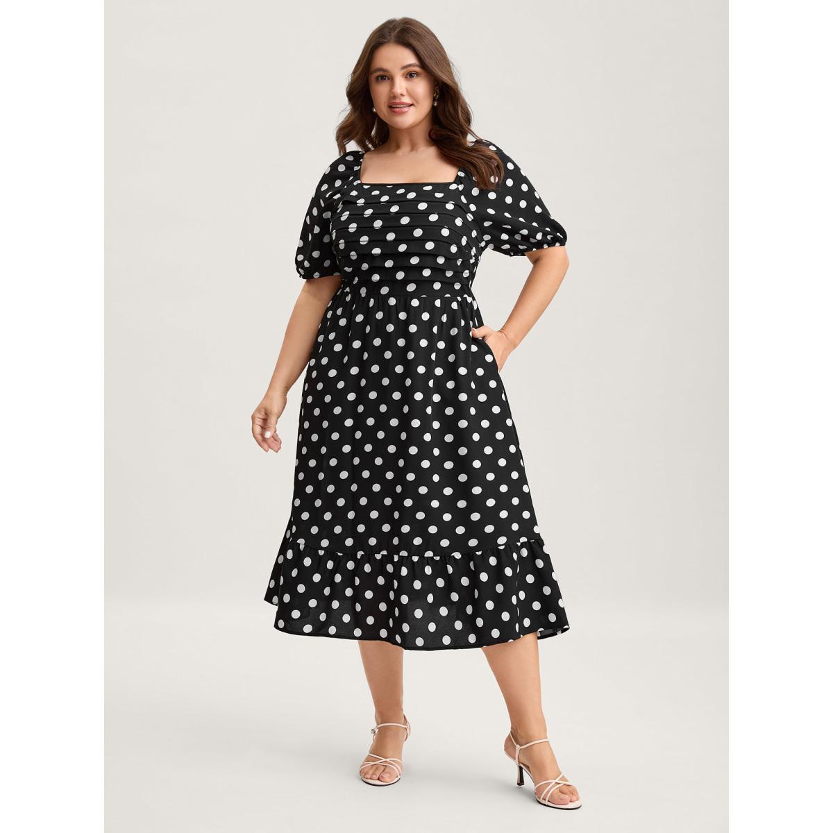 Plus Size Polka Dots Pleated Bodice Midi Dress Black Women Pleated Square Neck Short sleeve Curvy BloomChic 10/M Product Image