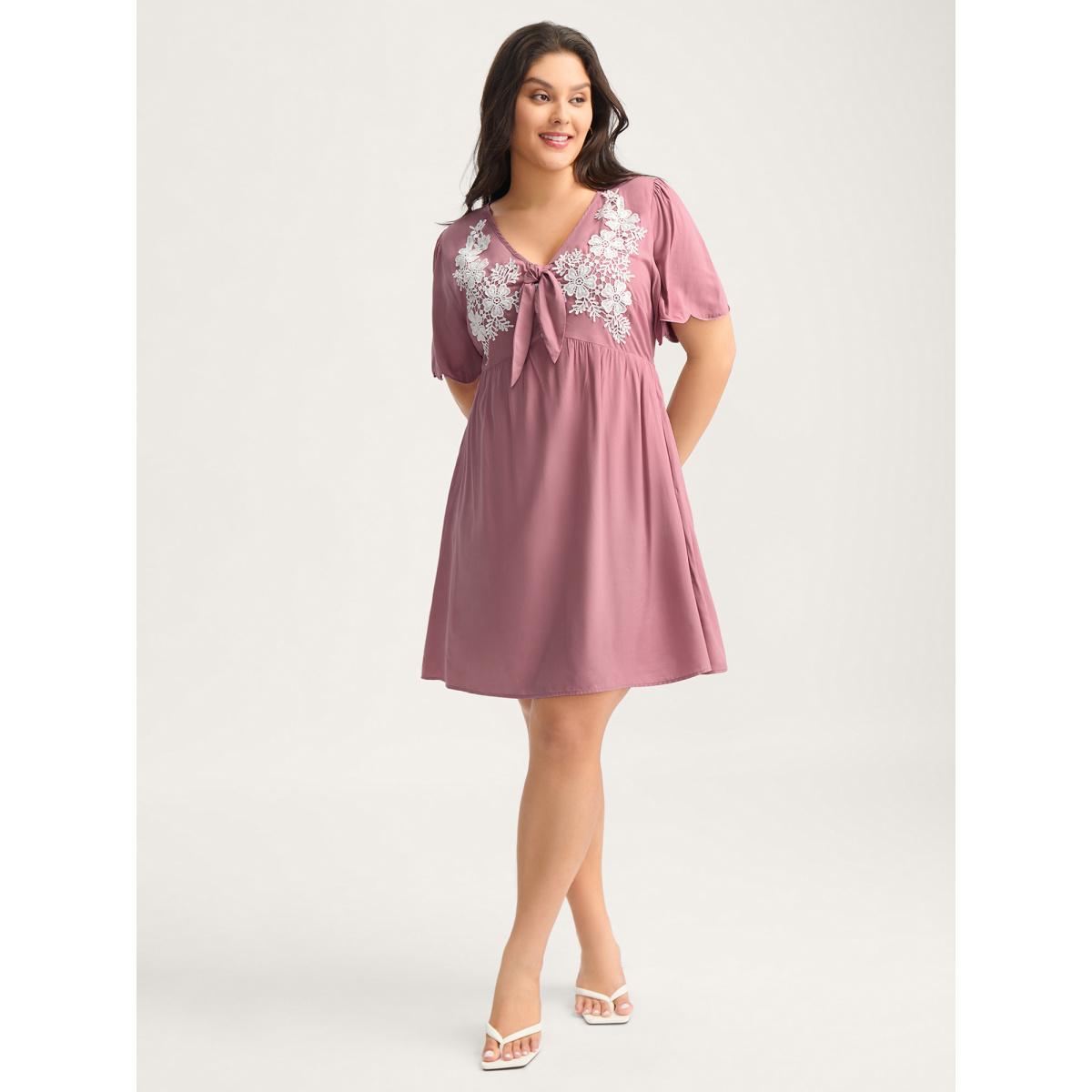 Plus Size Rayon Bodice Embroidered Patchwork Knot Midi Dress DustyPink Women V-neck Short sleeve Curvy BloomChic 28/5X Product Image