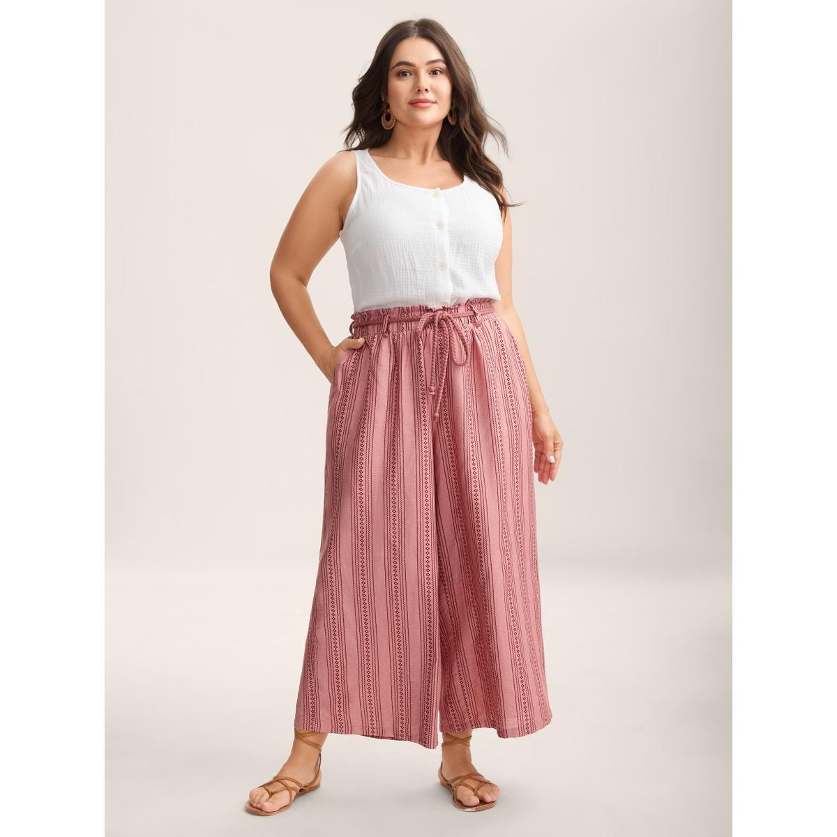 Plus Size Stripe Print Drawstring Wide-Leg Pants Women Rouge Resort Wide Leg Mid Rise Vacation Pants BloomChic 14-16/1X Product Image