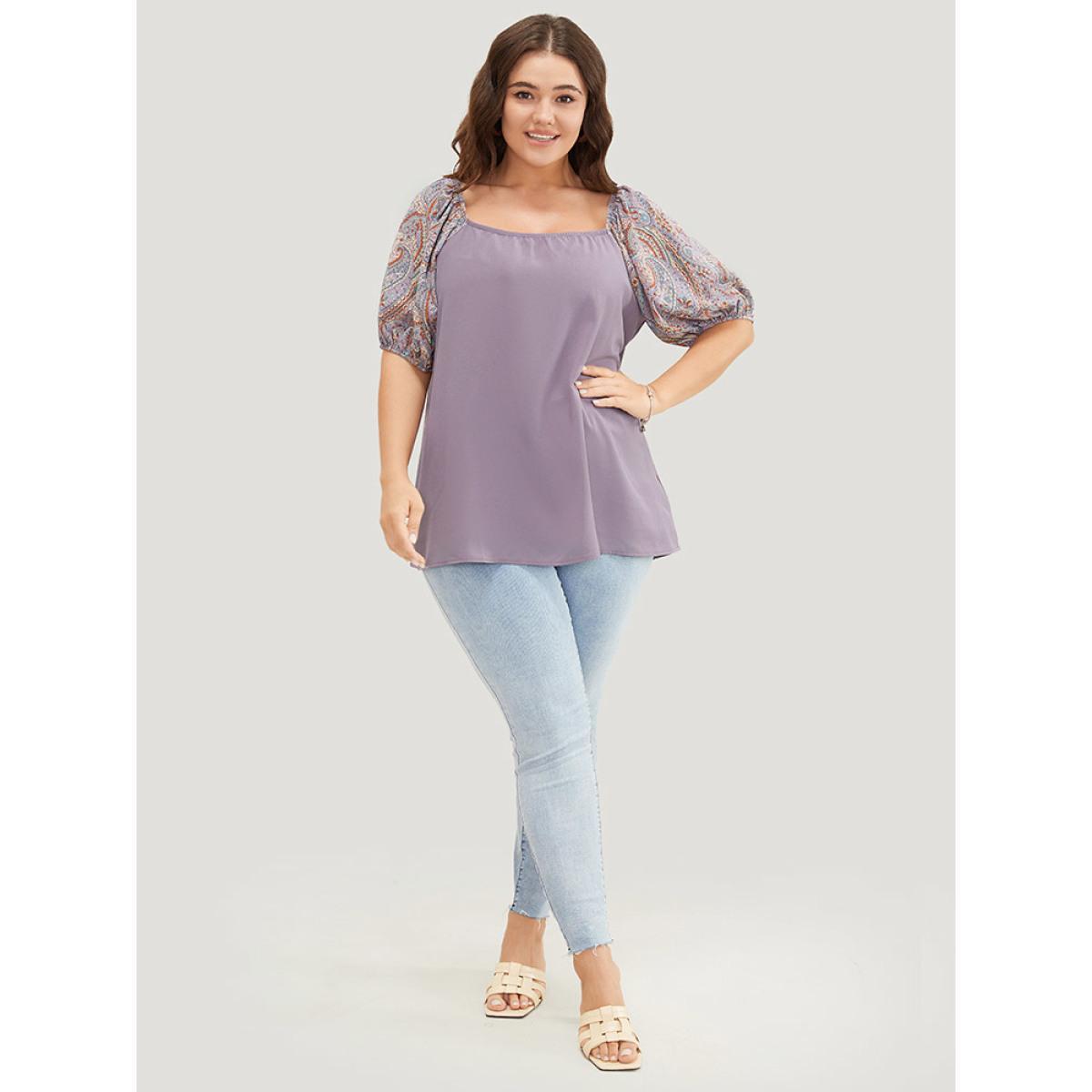 Plus Size Mauve Paisley Print Puff Sleeve Blouse Women Elegant Short sleeve Round Neck Dailywear Blouses BloomChic 22-24/3X Product Image