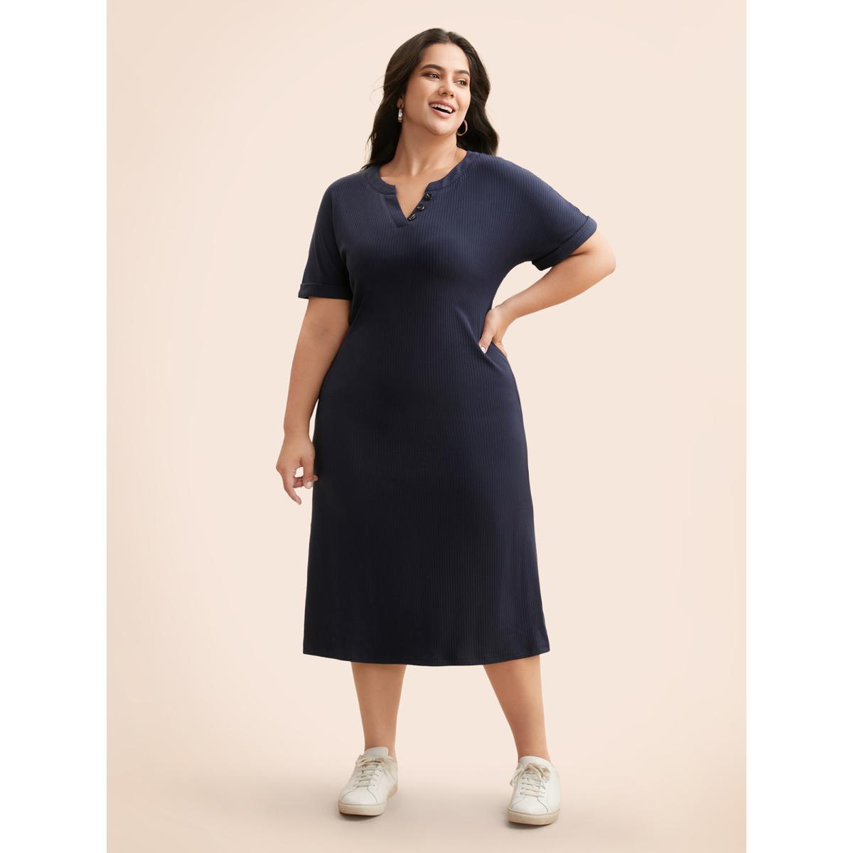 Plus Size Supersoft Essentials Notched Neck Midi Dress Midnight Women Basics Texture Flat collar with V-notch Short sleeve Curvy BloomChic 14-16/1X Product Image