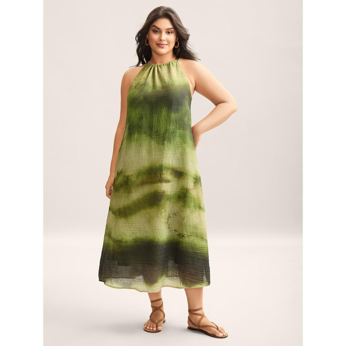 Plus Size Tie-Dye Pattern Pockets Midi Dress Truegreen Women Halter neck Sleeveless Curvy BloomChic 26/4X Product Image