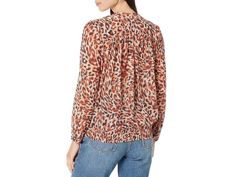 Liverpool Los Angeles Long Sleeve Woven Blouse with Smocked Waistband (Watercolor Cheetah Print) Women's Clothing Product Image