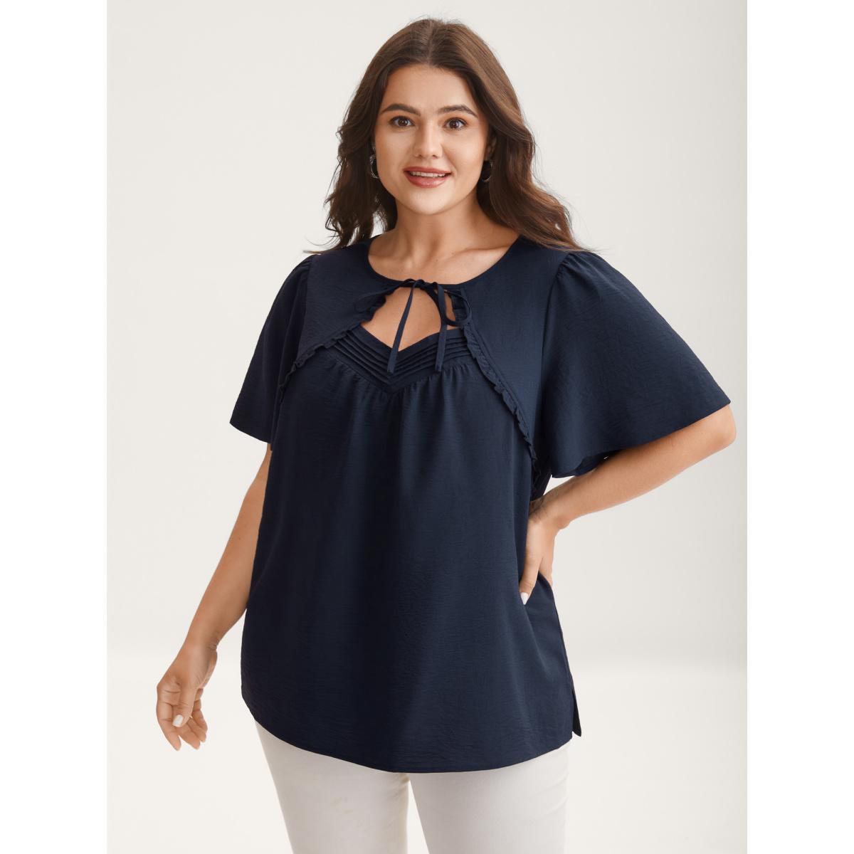 Plus Size Indigo Toothpick Pleated Neck Tie Solid Blouse Women Short sleeve Non Everyday-Elegant Blouses BloomChic 26/4X Product Image