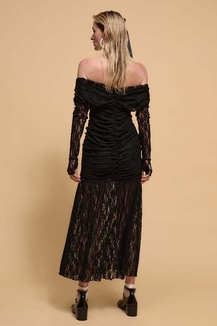Studded Floral-Lace Off-Shoulder Ruched Maxi Dress Product Image