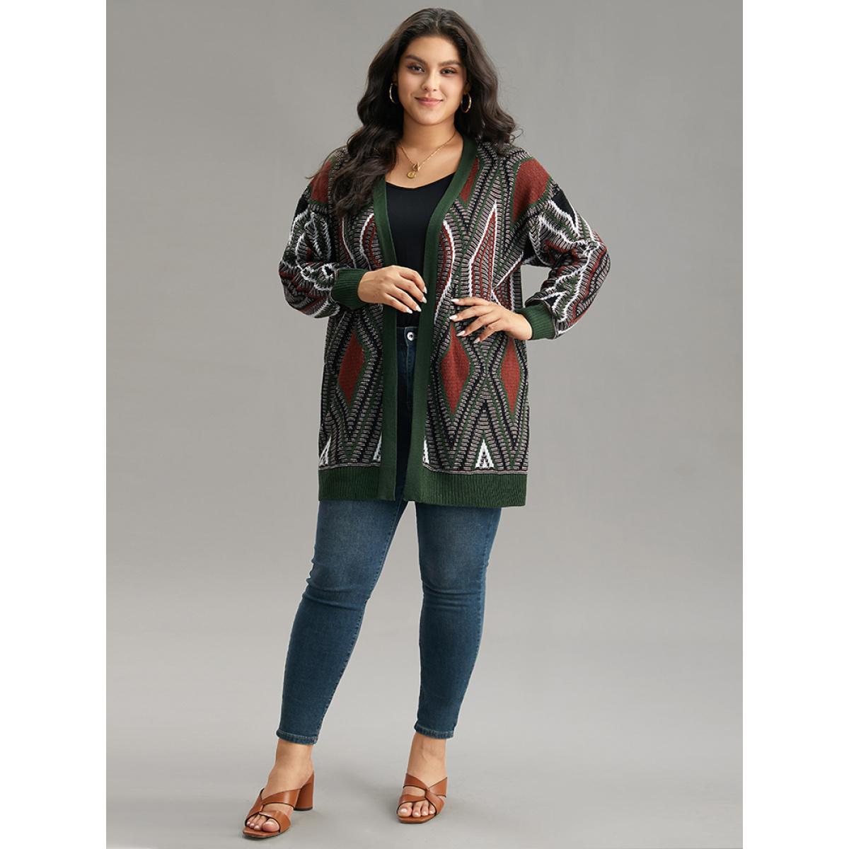 Plus Size Geometric Contrast Open Front Cardigan DarkGreen Women Casual Loose Long Sleeve Dailywear Cardigans BloomChic 22-24/3X Product Image