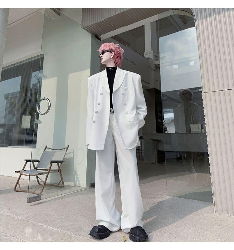 Set: Double Breasted Plain Blazer + High Waist Wide Leg Dress Pants Product Image