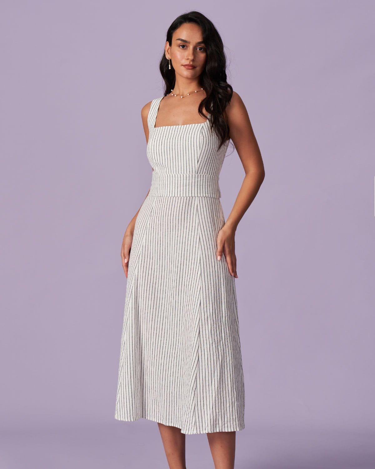 The White Square Neck Striped Midi Dress Product Image