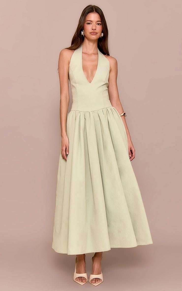 Sage Green Halterneck Tie Detail Ruched Midaxi Dress Product Image