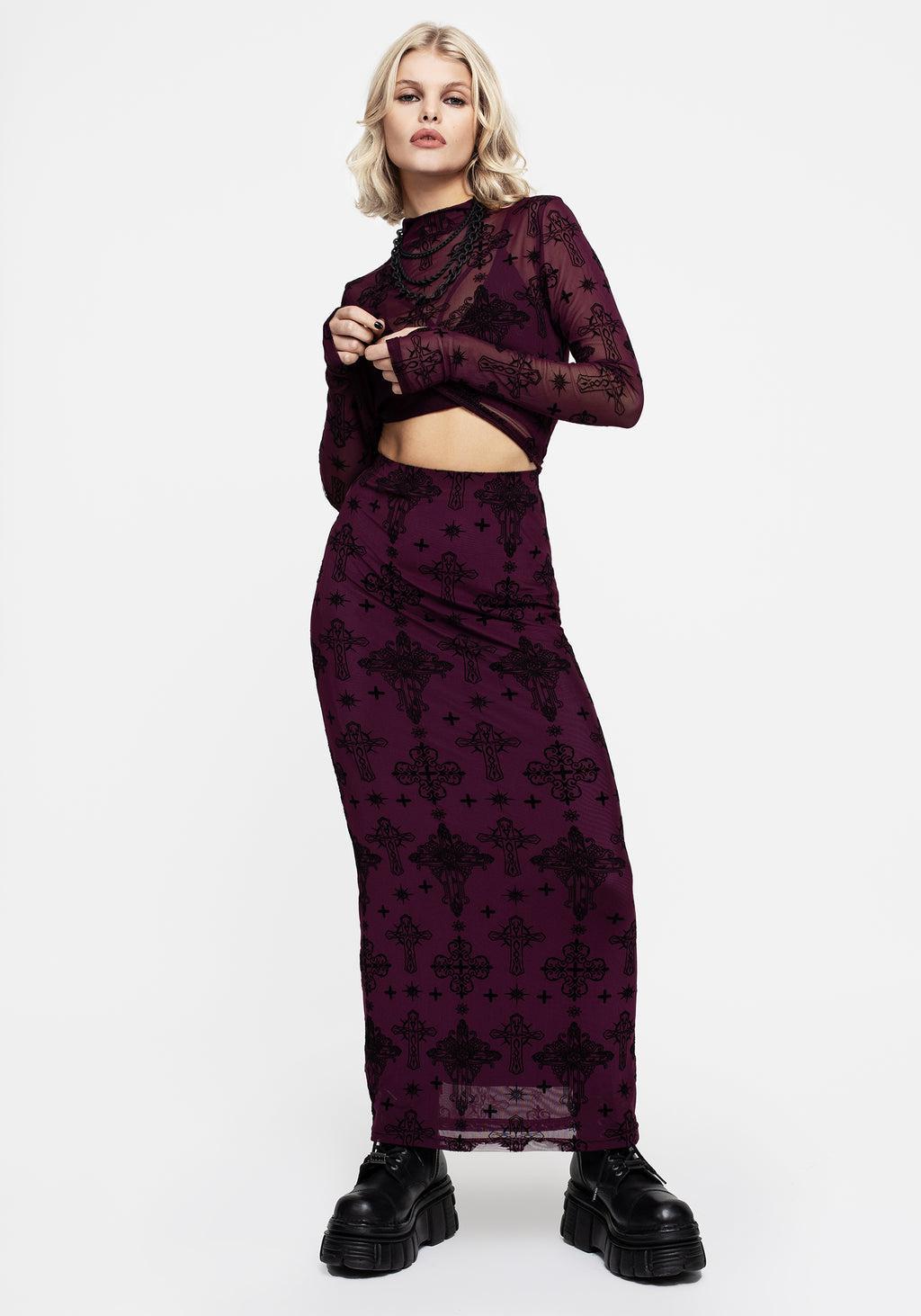 Priestess Flocked Mesh Maxi Skirt - Purple Product Image