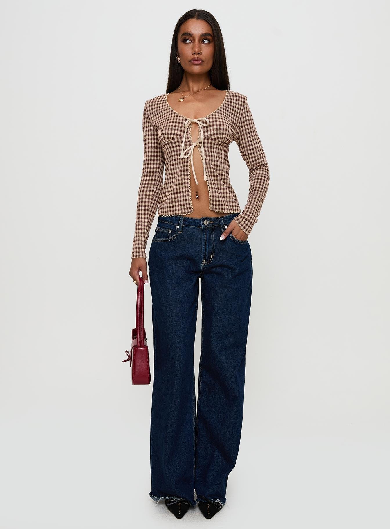 Maemi Long Sleeve Tie Up Top Brown Check Product Image