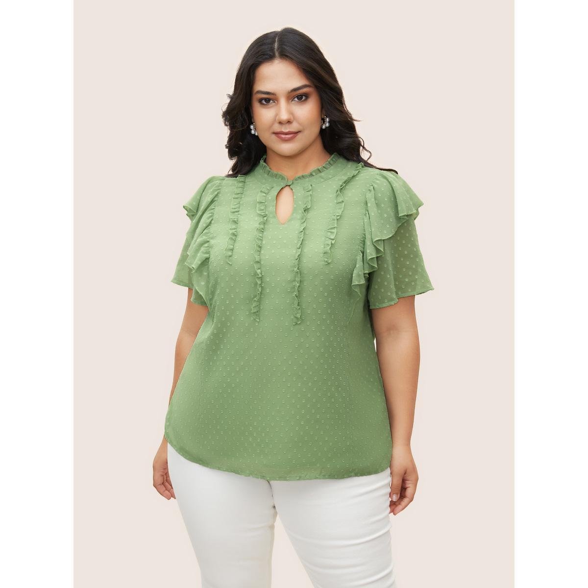 Plus Size Mint Texture Frill Trim Ruffle Sleeve Blouse Women Elegant Short sleeve Mock Neck Everyday Blouses BloomChic 26/4X Product Image