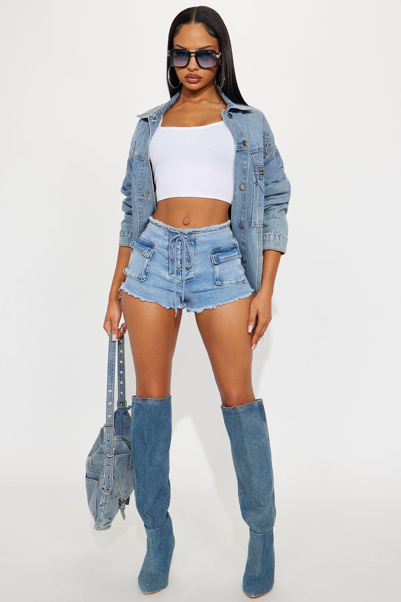 Lucky Lace Up Stretch Denim Shorts - Light Wash Product Image