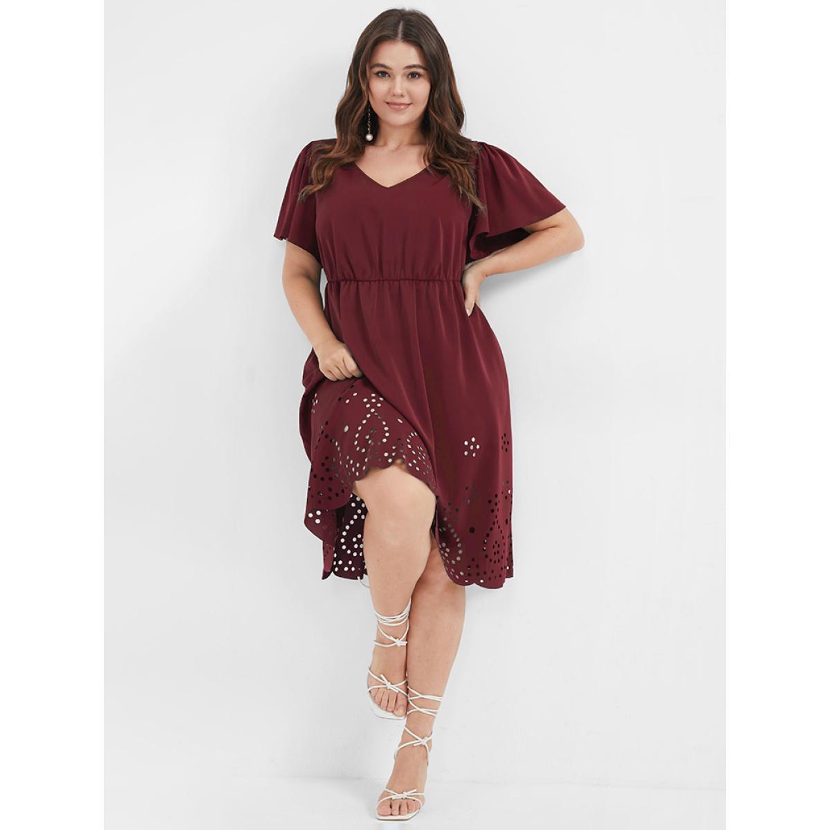 Plus Size Solid Ruffles Pocket Broderie Anglaise Knee Dress Burgundy Women Elegant Cut-Out V-neck Short sleeve Curvy Knee Dress BloomChic 14-16/1X Product Image