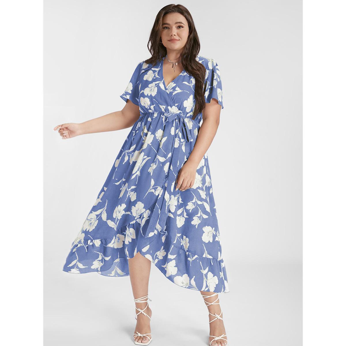 Plus Size Floral Ruffle Knot Side Wrap Dress LightBlue Women Elegant Ruffles V-neck Short sleeve Curvy Midi Dress BloomChic 30/6X Product Image