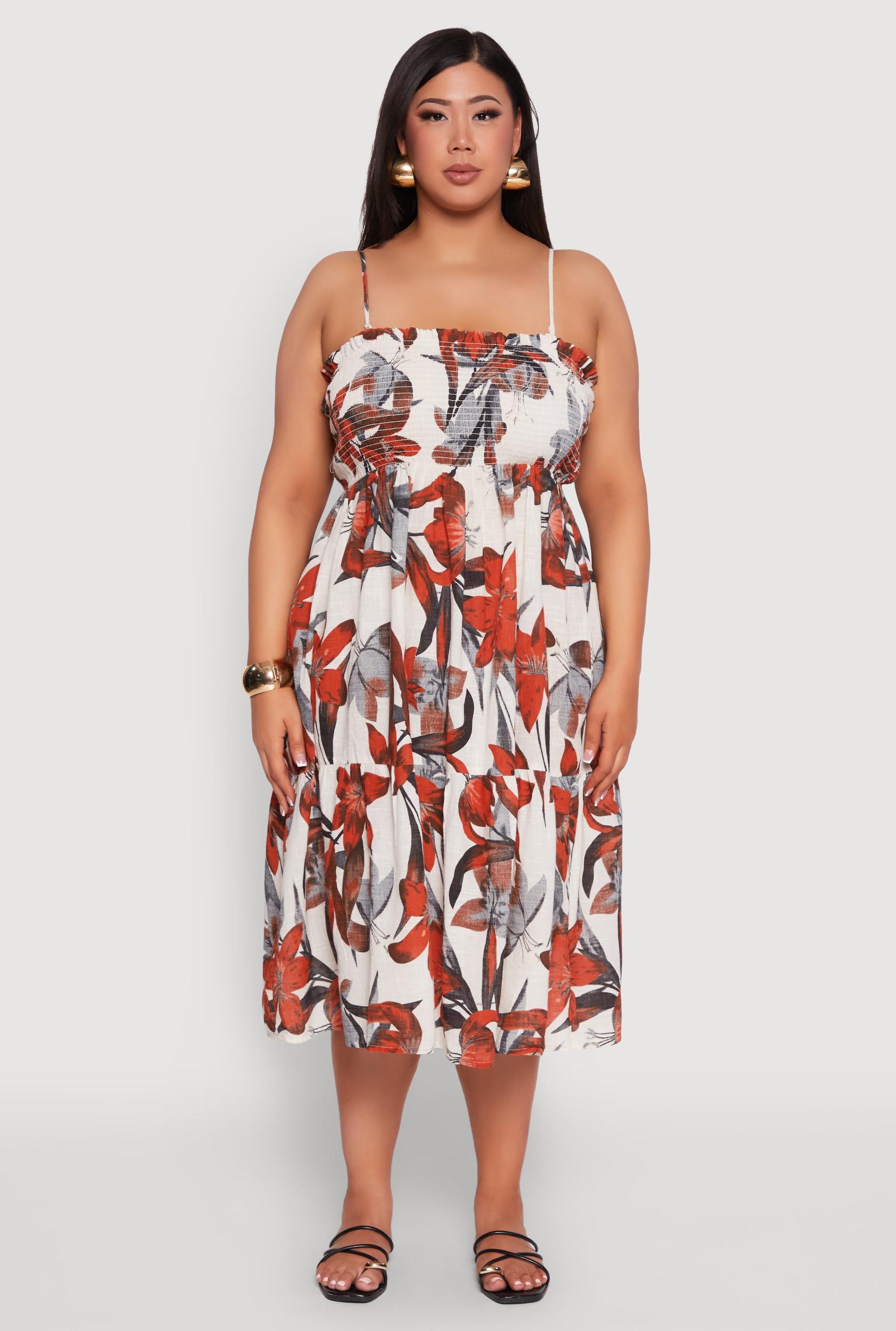 Womens Plus Size Floral Print Smocked Tiered Midi Dress Product Image