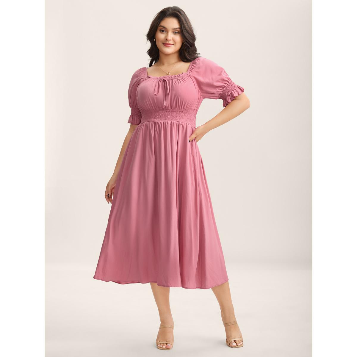 Plus Size Rayon Stretchy Waist Pockets Milkmaid Dress Watermelon Women Square Neck Short sleeve Curvy BloomChic 26/4X Product Image
