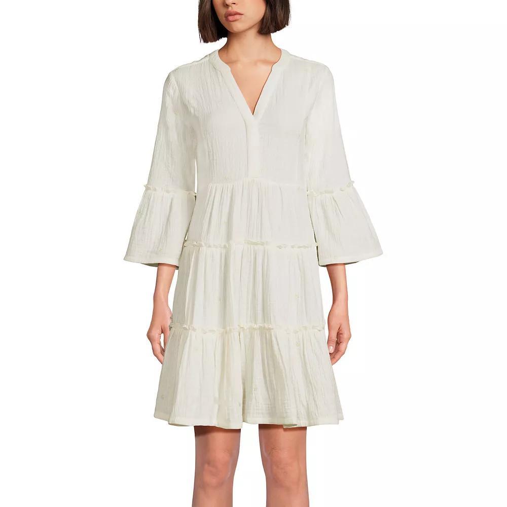 Women's Lands' End Crinkly Gauze Tiered V-Neck Bell Sleeve Mini Dress, Size: XL, Ivory Product Image