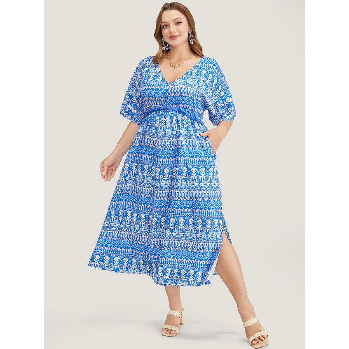 Plus Size Bandana Print Dolman Sleeve Knot Fringe Trim Split Dress Blue Women Vacation Tassels V-neck Short sleeve Curvy Midi Dress BloomChic 14-16/1X Product Image