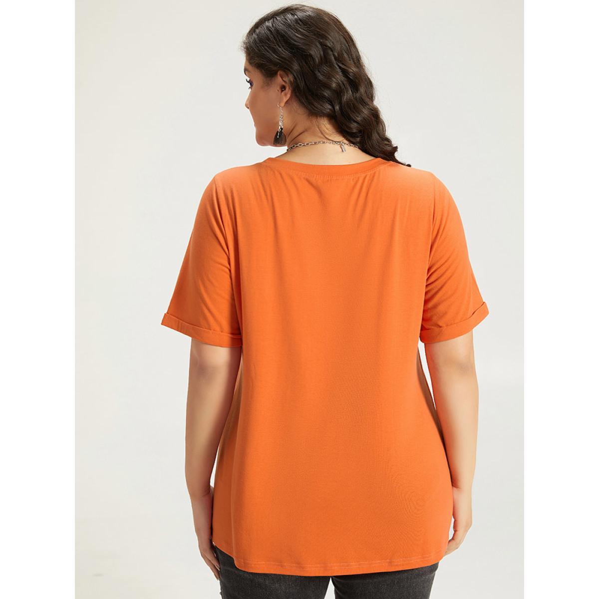 Plus Size Halloween Graphic Roll Sleeve Crew Neck T-shirt OrangeRed Women Casual Printed Halloween Festival-Halloween T-shirts BloomChic 30/6X Product Image