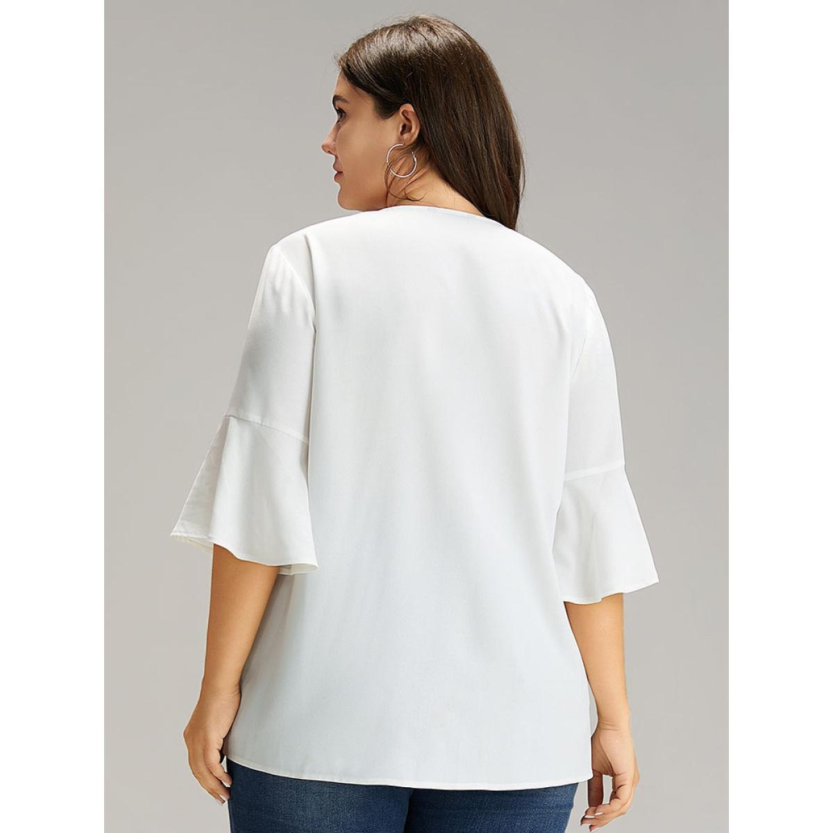 Plus Size White Bandana Patchwork Tassel Trim Flutter Sleeve Blouse Women Vacation Half Sleeve Tie Neck Vacation Blouses BloomChic 30/6X Product Image
