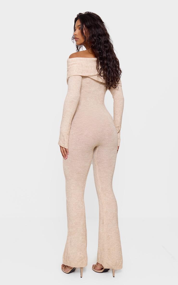 Oatmeal Soft Knit Bardot Foldover Asymmetric Neck Jumpsuit Product Image
